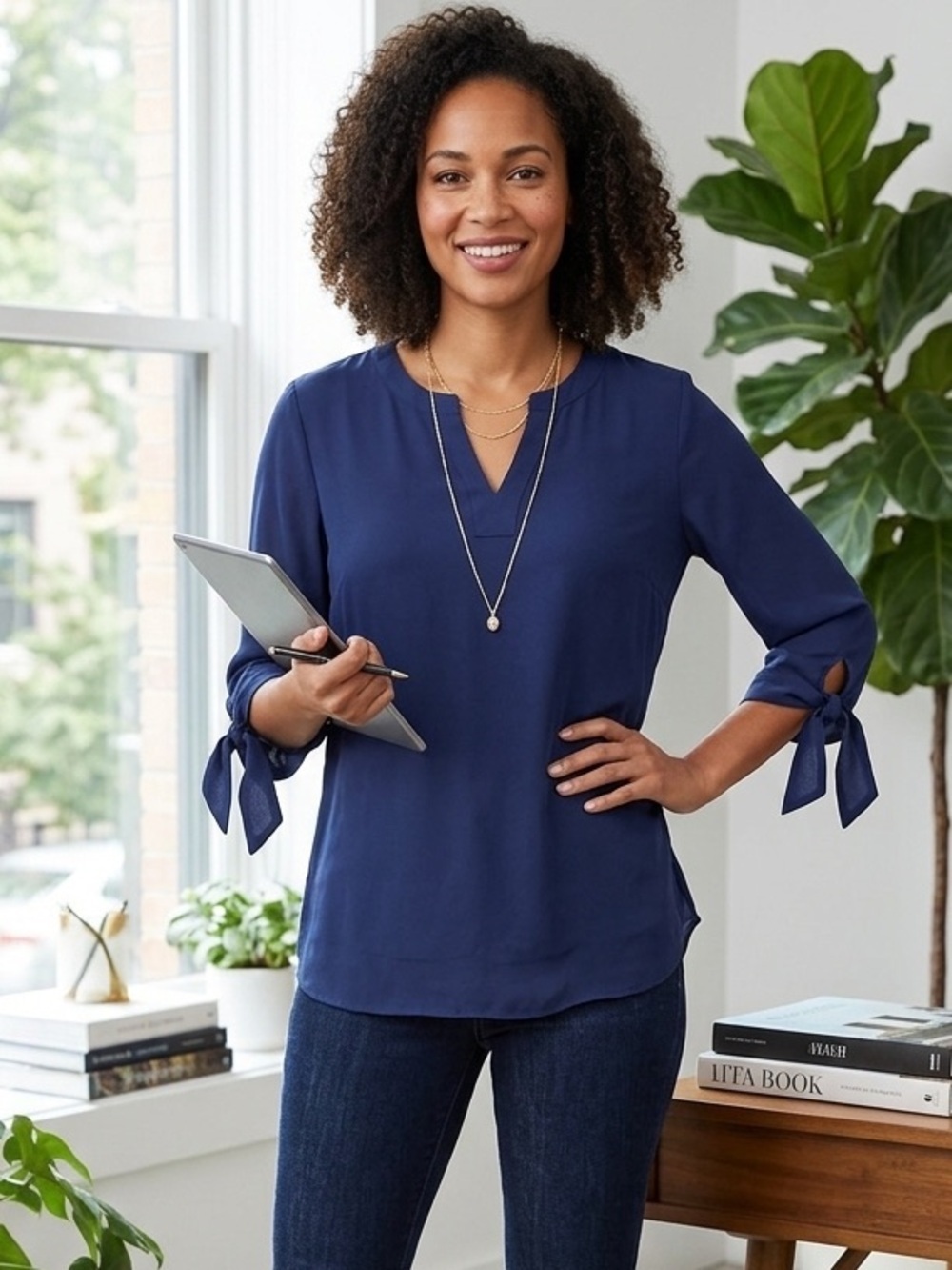 Daniel Cremieux | Deep Blue Women's Blouse with Bow Accents on Sleeves | Sz M